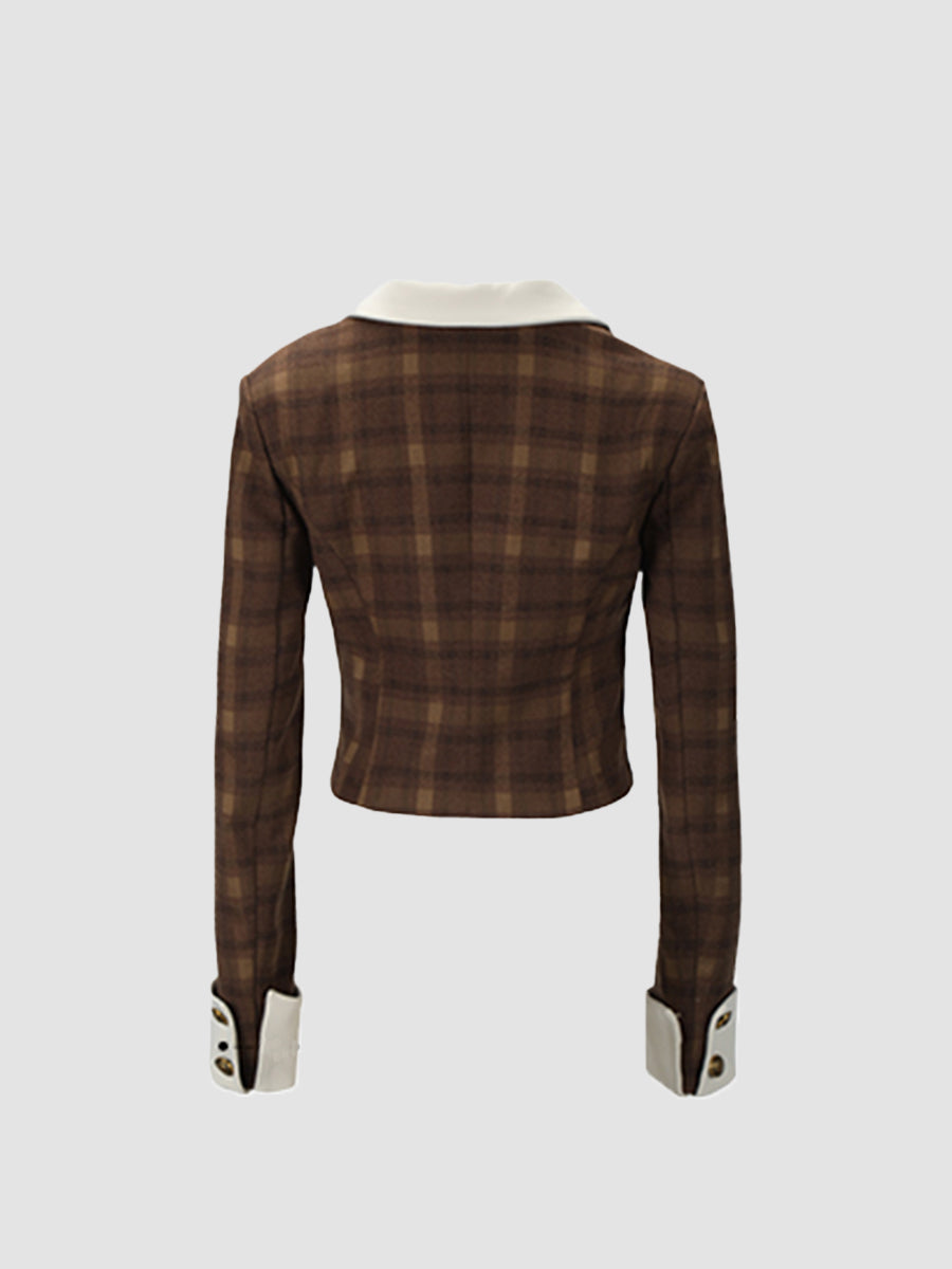 Brown Plaid Jacket Top with Bow and Plaid Pleated Skirt Set