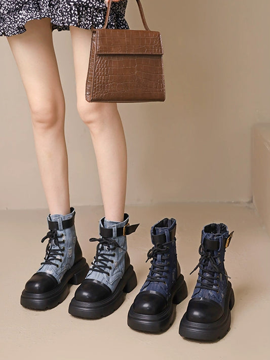 Women's Western Vintage Ribbed Patchwork Sock Style Denim Slip Resistant Sole Chunky Heel Ankle Boots