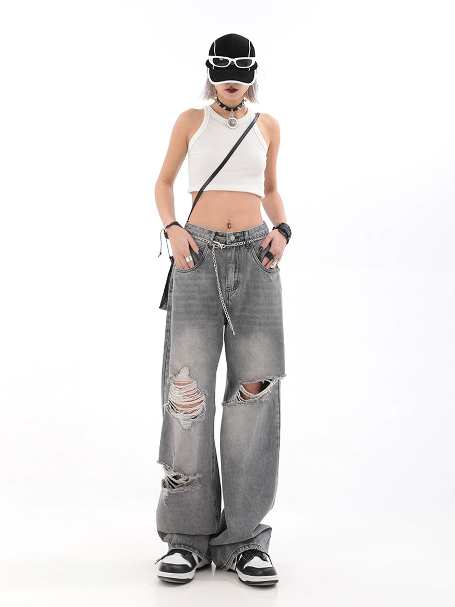 Vintage Grey Ripped Denim Straight Loose Jeans