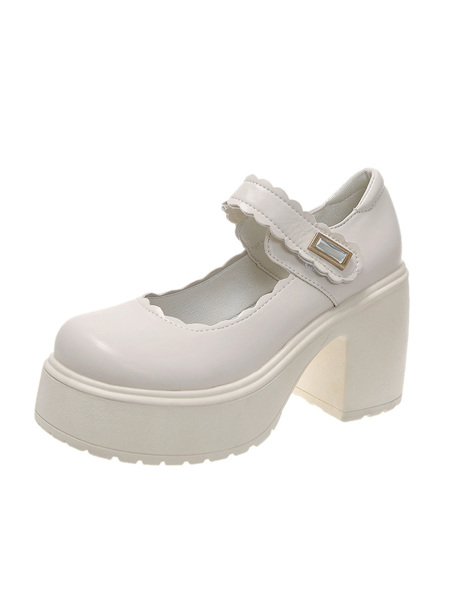 White Buckle Decor Platform Chunky Heel Wave Mary Janes Shoes