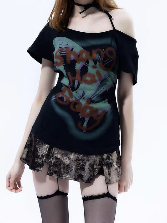 Graffiti Letter Print Short Sleeve Top