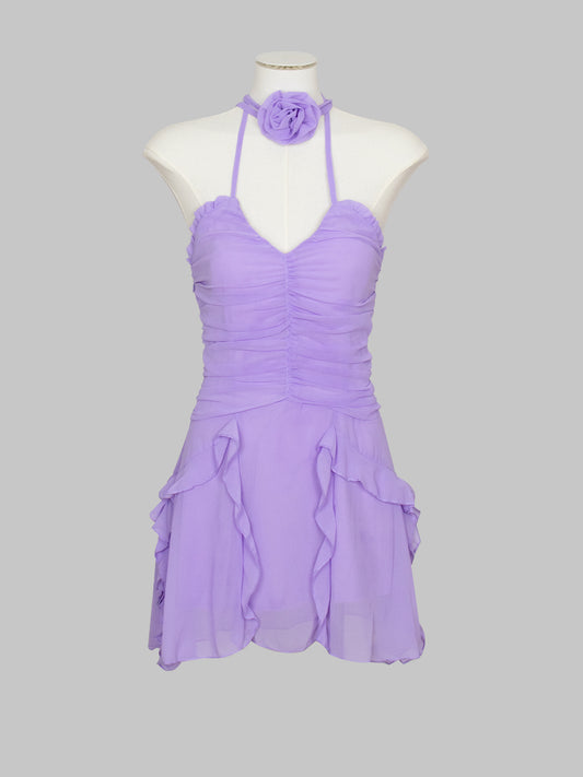 Solid Color Ruffle Floral Halter Dress