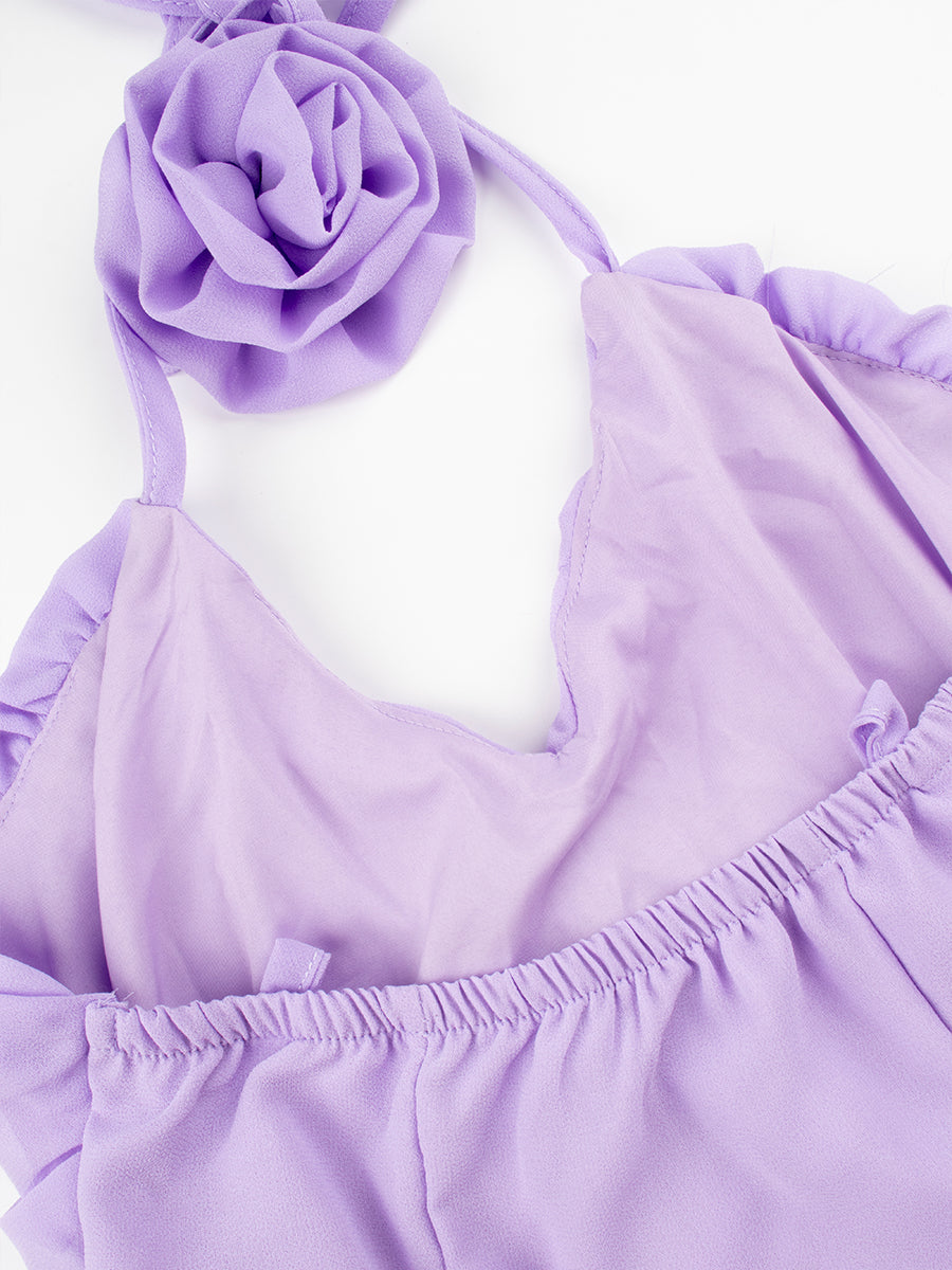 Solid Color Ruffle Floral Halter Dress