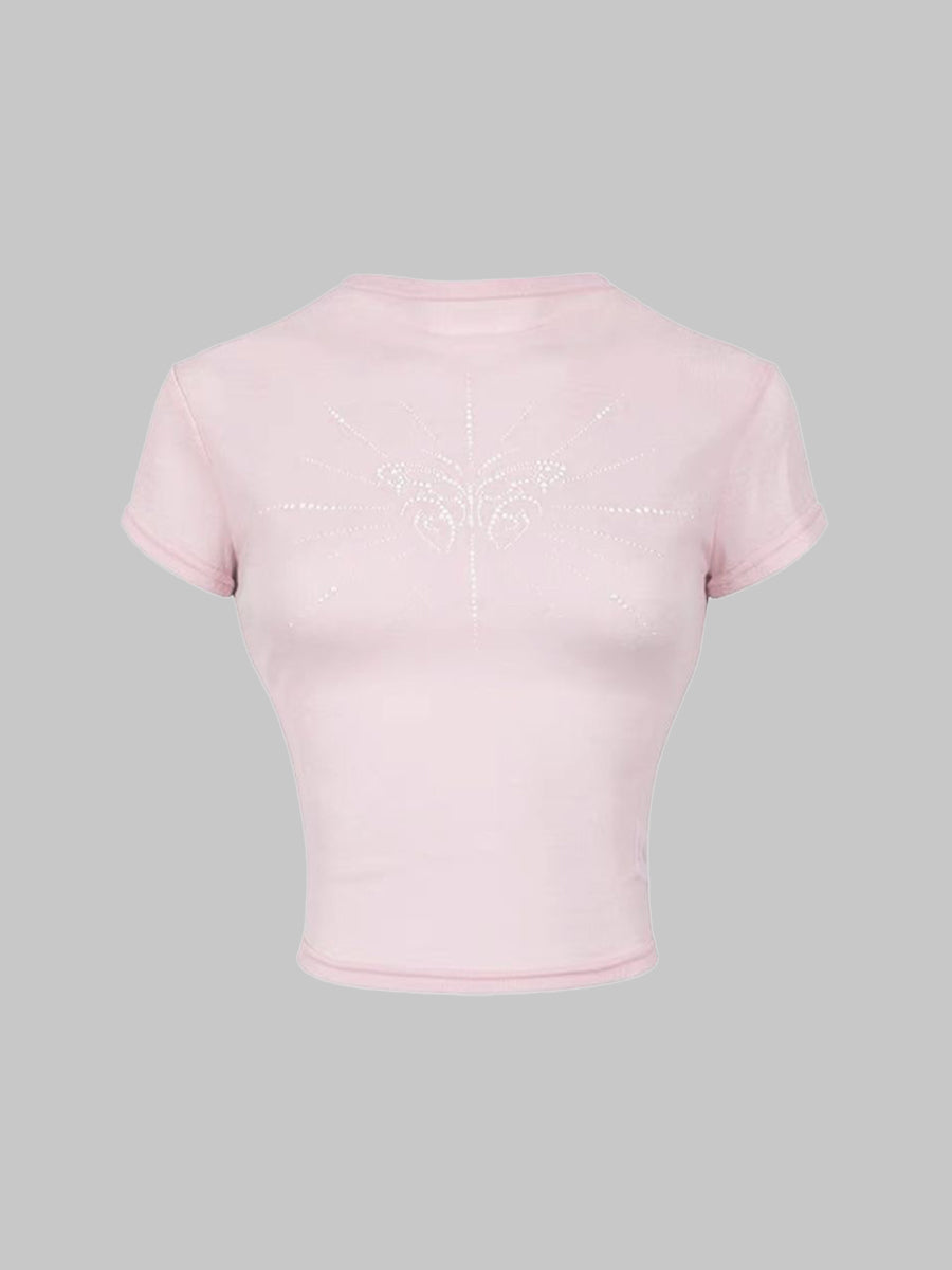 Butterfly Rhinestone Slim Short Sleeve Top