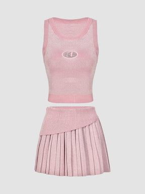 Solid Color Knit Cutout Vest Top + Pleated Skirt Set
