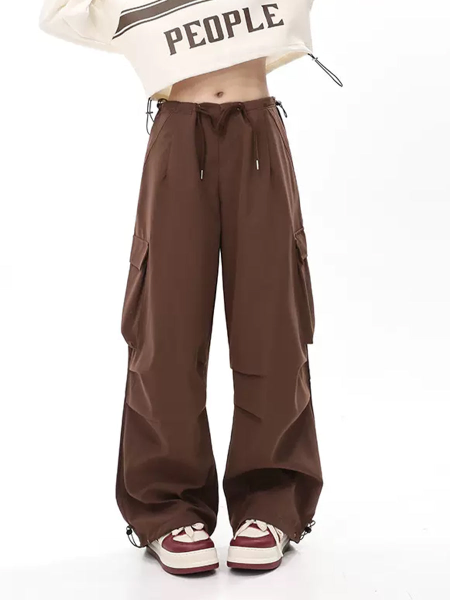 Solid Color Wide-Leg Cargo Drawstring Casual Pants