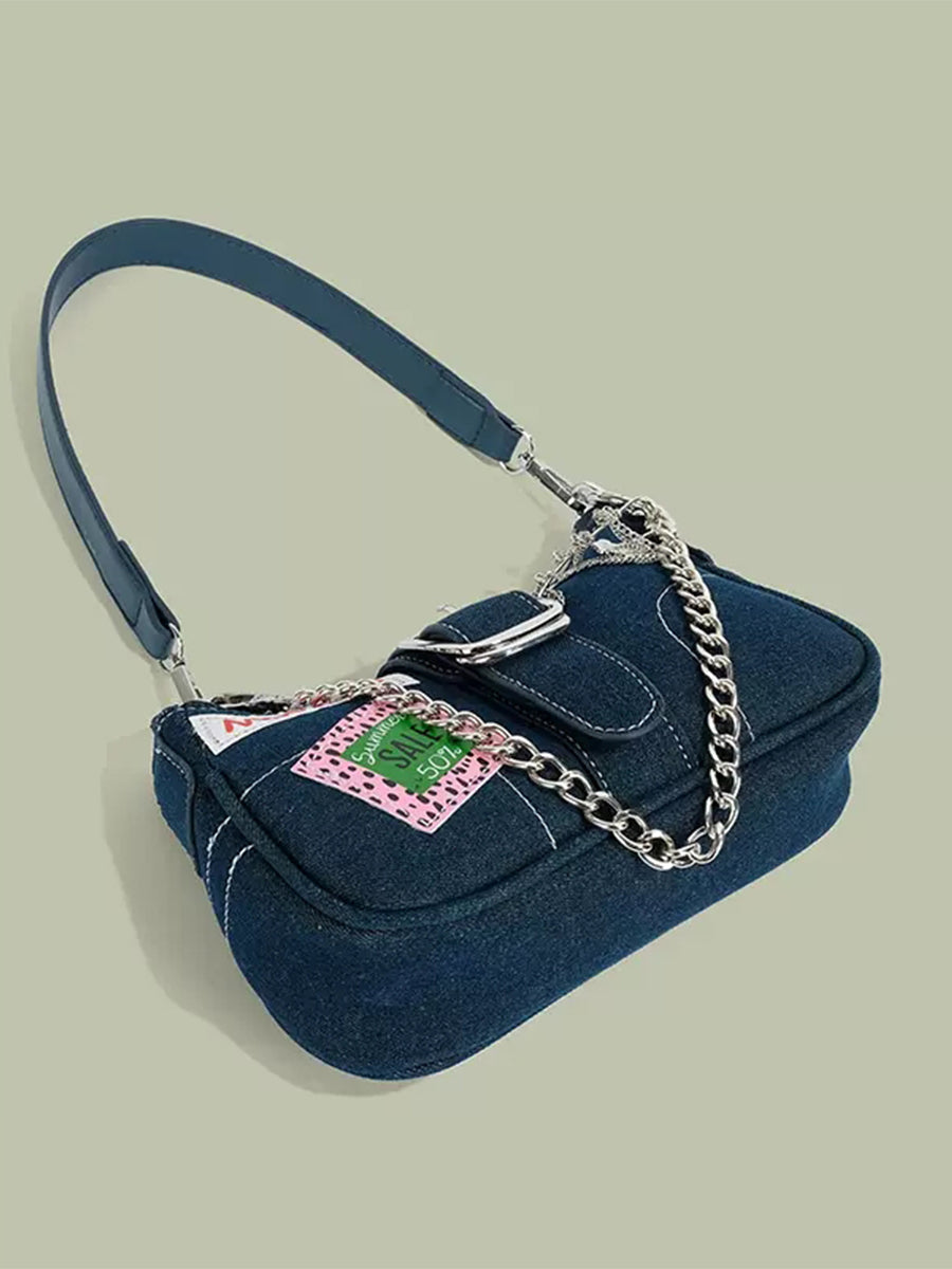 Chain Denim Baguette Handbag