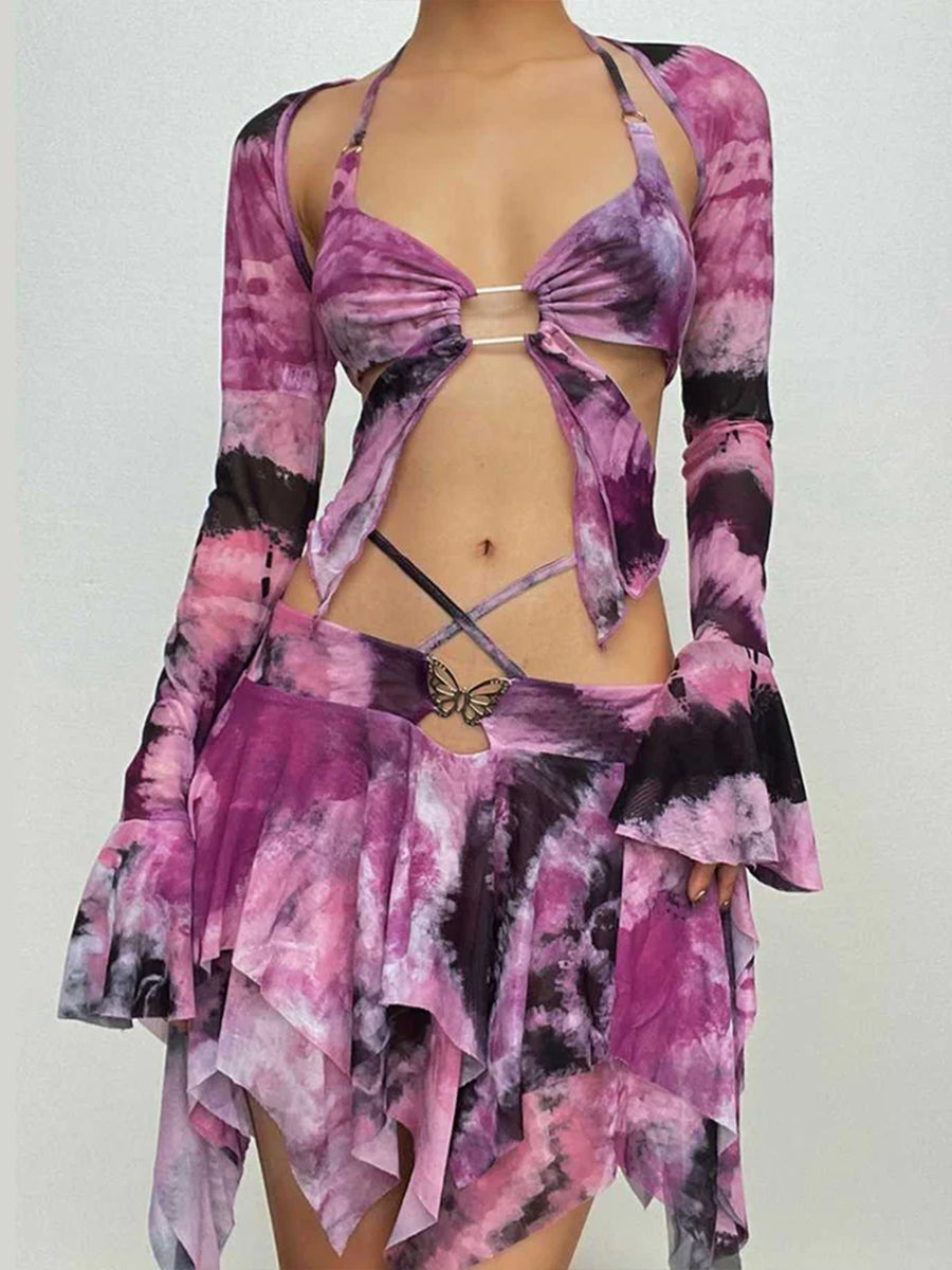 Flared Sleeve Tie Dye O Ring Self Tie Halter Low Cut Mini Skirt Set