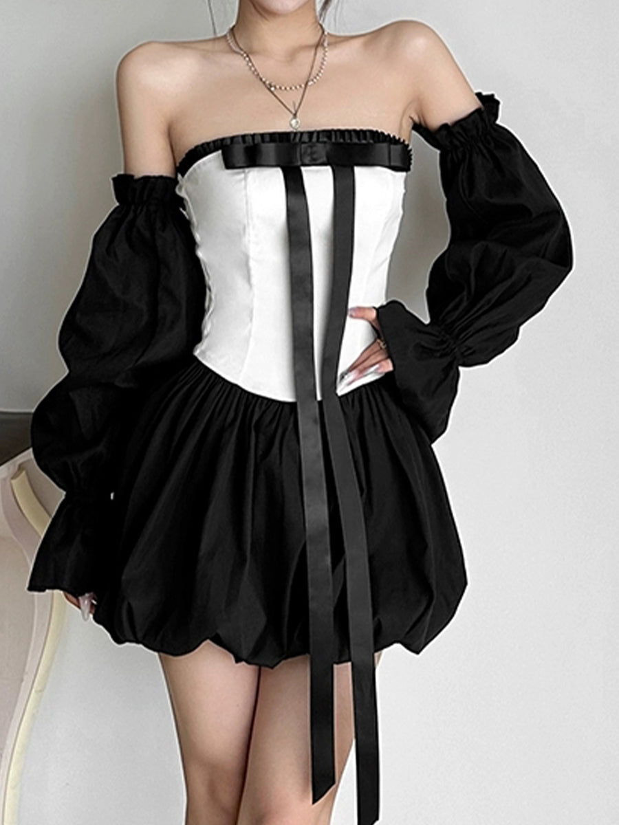 Black and White Patchwork Fluffy Hem Bow Long Sleeve Dress
