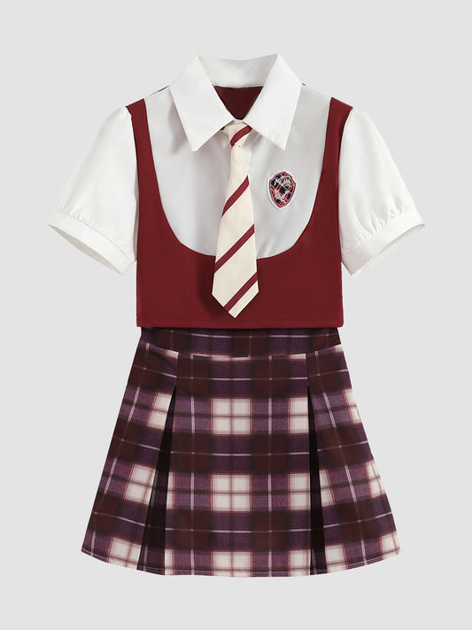 Fake Two Piece Shirt Top + Plaid Skirt with Tie Set