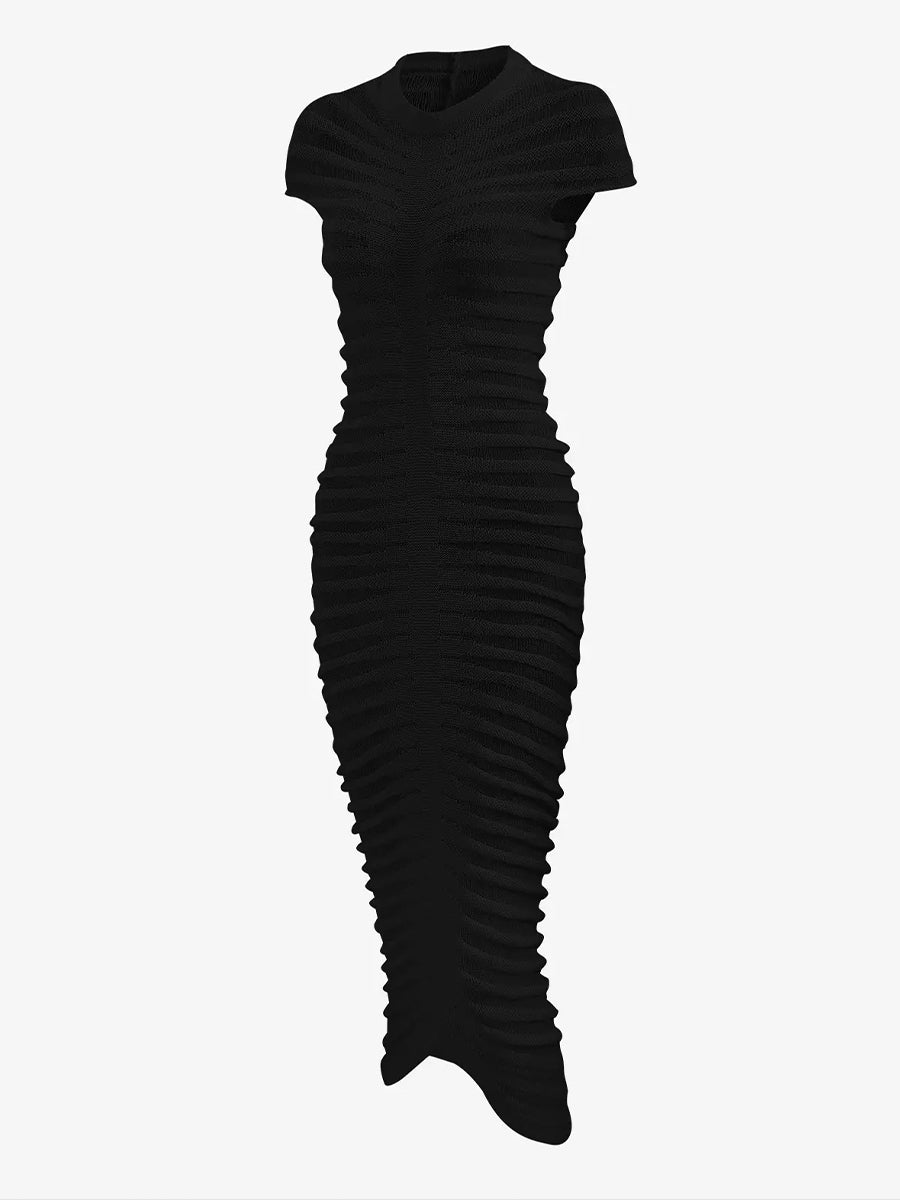 Women's Sexy Knitted See Thru Mock Neck Cap Sleeve Solid Color Midi Bodycon Dress