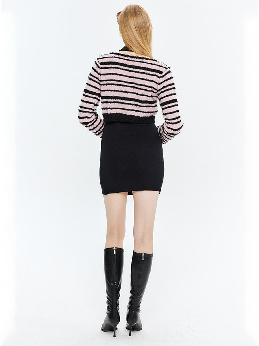 Black Sleeveless Dress Slim Striped Long Sleeve Cardigan Short Sweater Two Piece Set