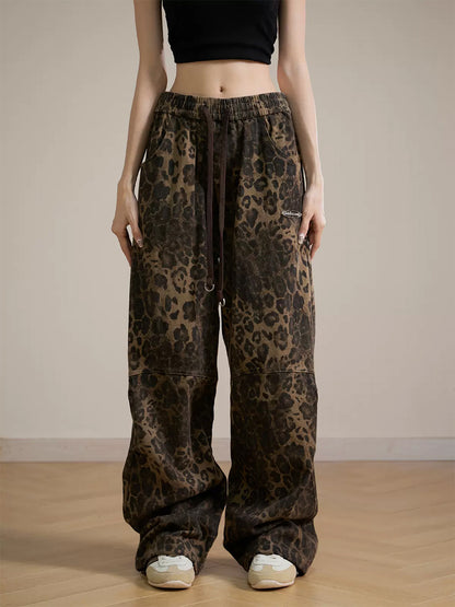 Leopard Print Hip Hop Loose Straight Elastic Banded Waist Wide Leg Pants