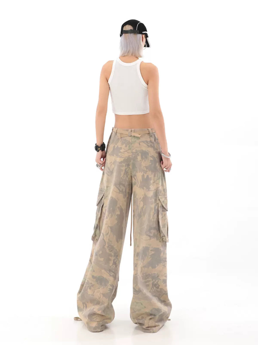 Camouflage Wide-Leg Cargo Drawstring Casual Pants