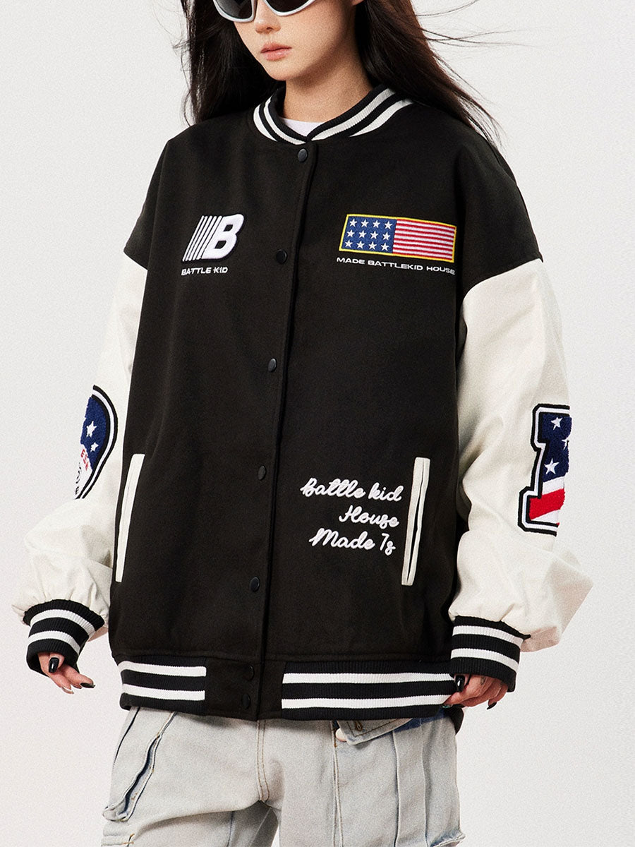 Flag Pattern Long Sleeve Loose Top Jacket Baseball Coat