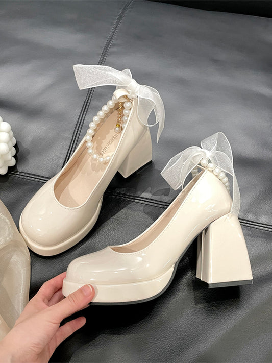 Women's Round Toe Mary Jane Heels Shoes with Double Layered Pearls Chain