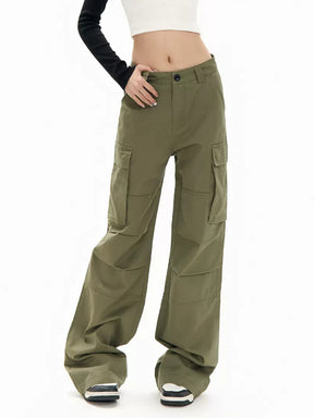 Solid Color Casual High Waist Loose Cargo Pants