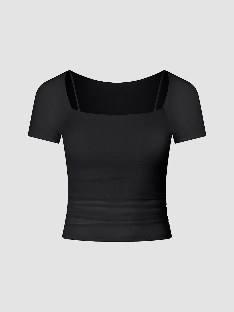 Solid Slim Fit Fake Two Piece Mesh Short Sleeves Gym Top with Chest Pads