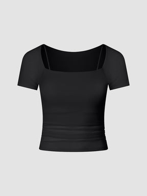 Solid Slim Fit Fake Two Piece Mesh Short Sleeves Gym Top with Chest Pads