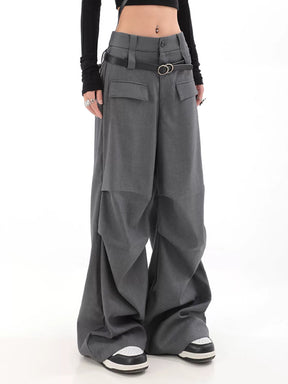Solid Color Pleated Contour Suit Pants with Belt