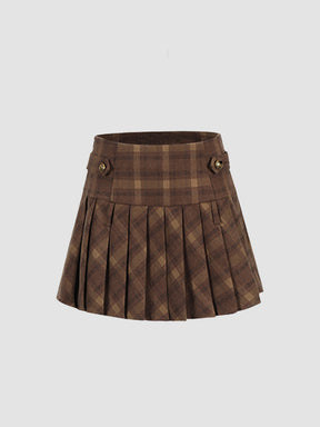 Brown Plaid Jacket Top with Bow and Plaid Pleated Skirt Set