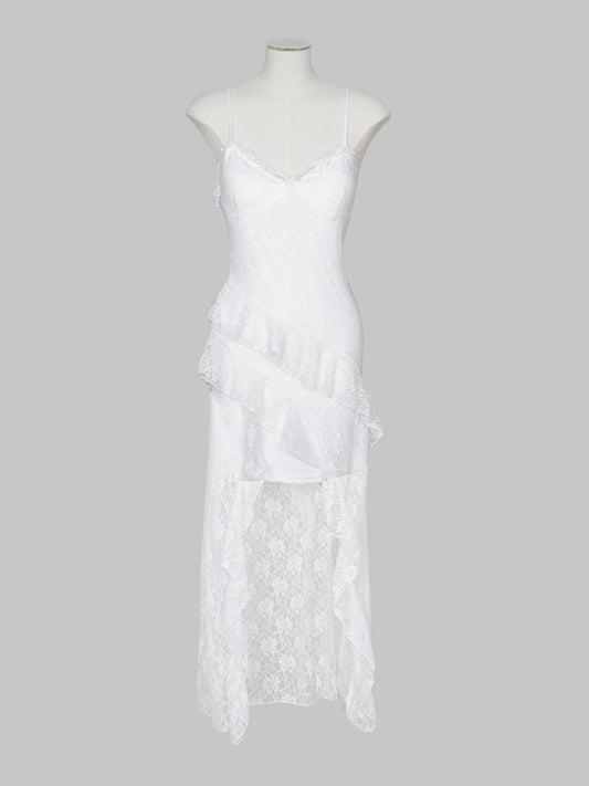 Solid Color Lace Patchwork Irregular Long Dress