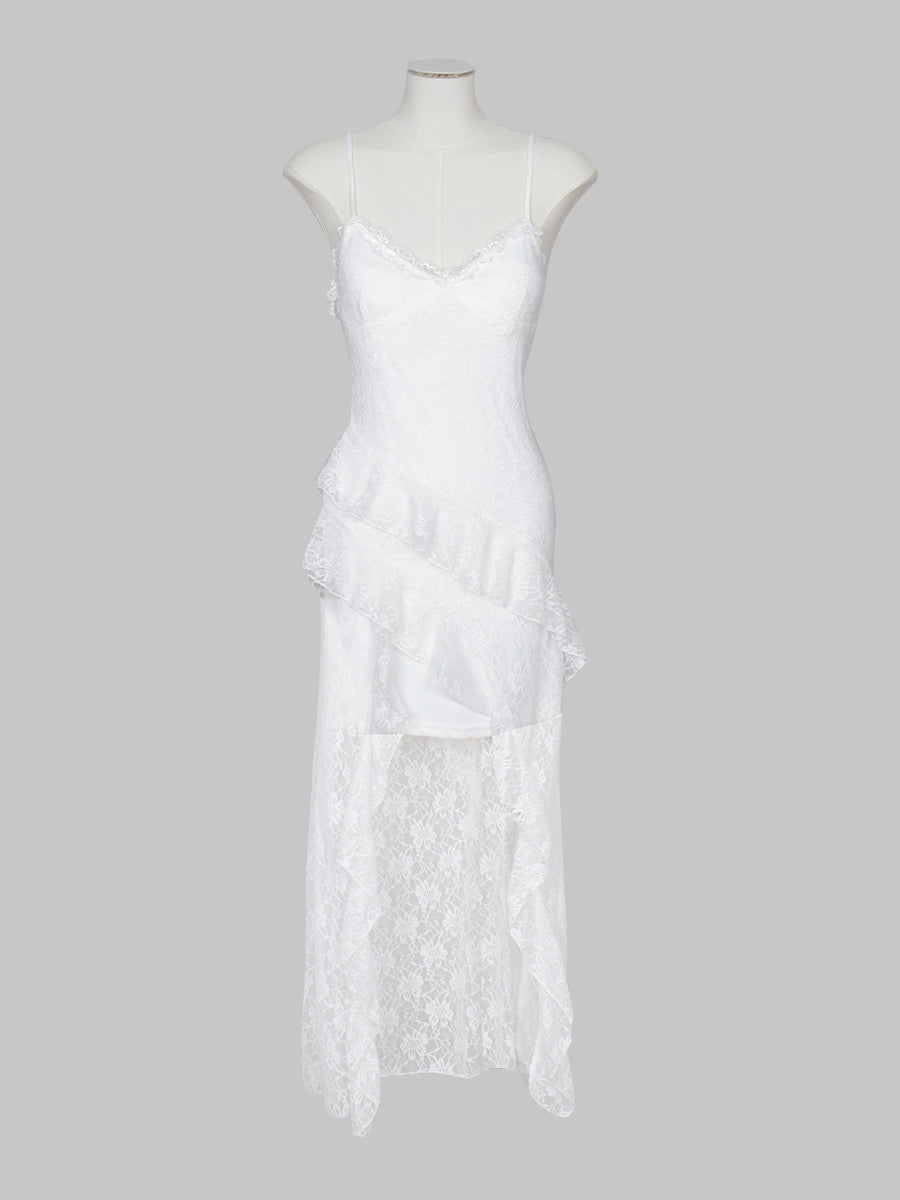 Solid Color Lace Patchwork Irregular Long Dress