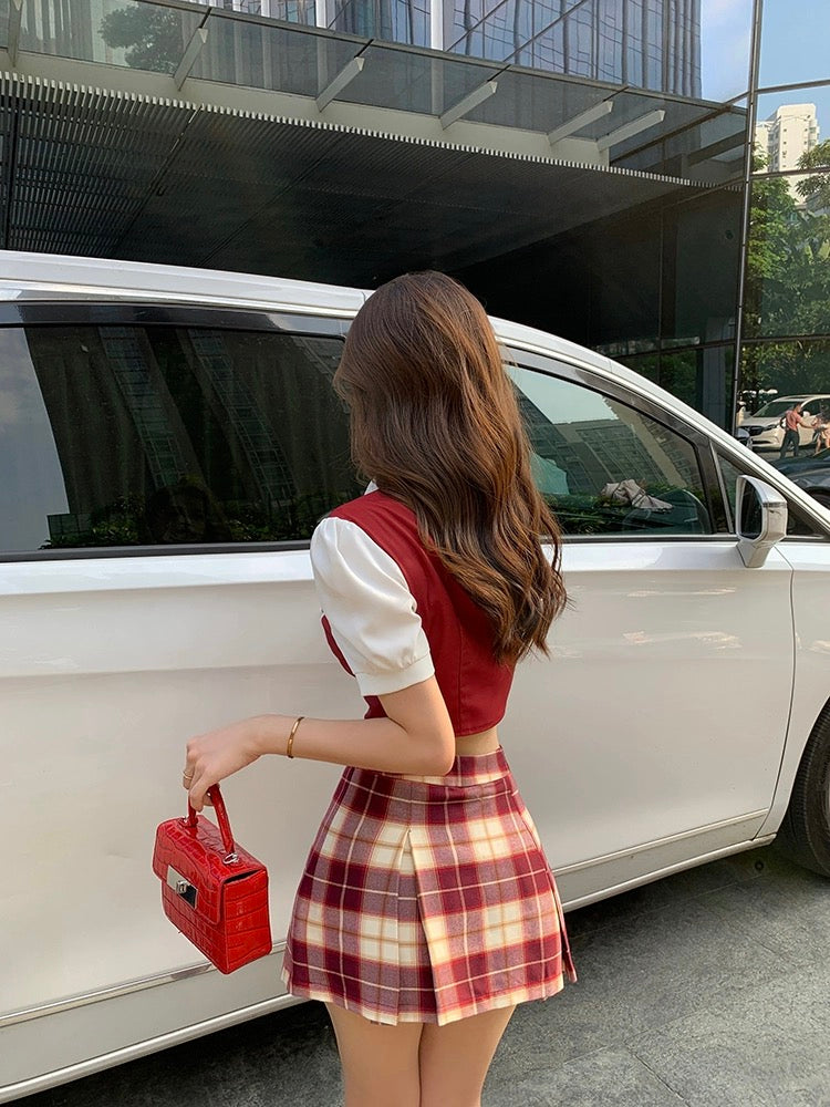 Fake Two Piece Shirt Top + Plaid Skirt with Tie Set