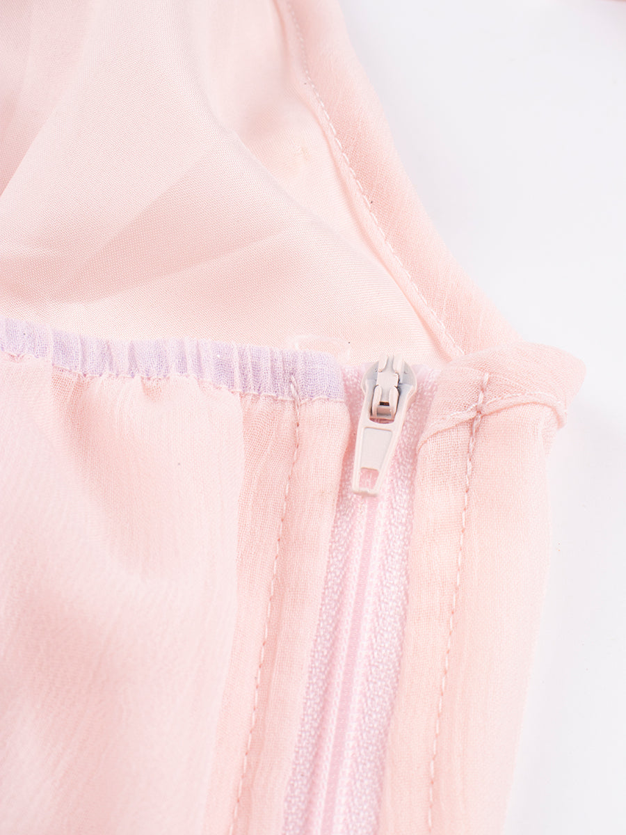 Solid Color Pink Ruffle Flutter Irregular Long Dress