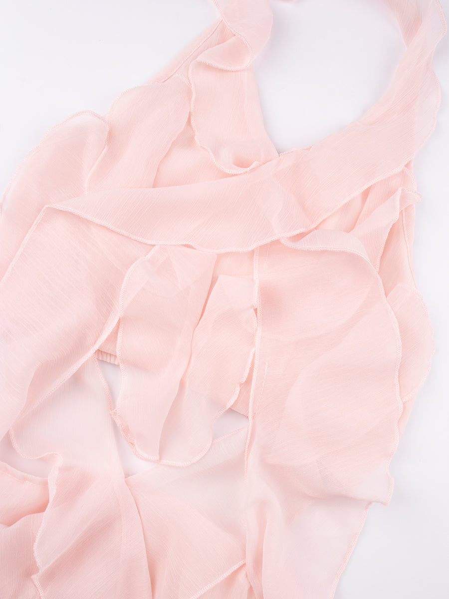 Solid Color Pink Ruffle Flutter Irregular Long Dress
