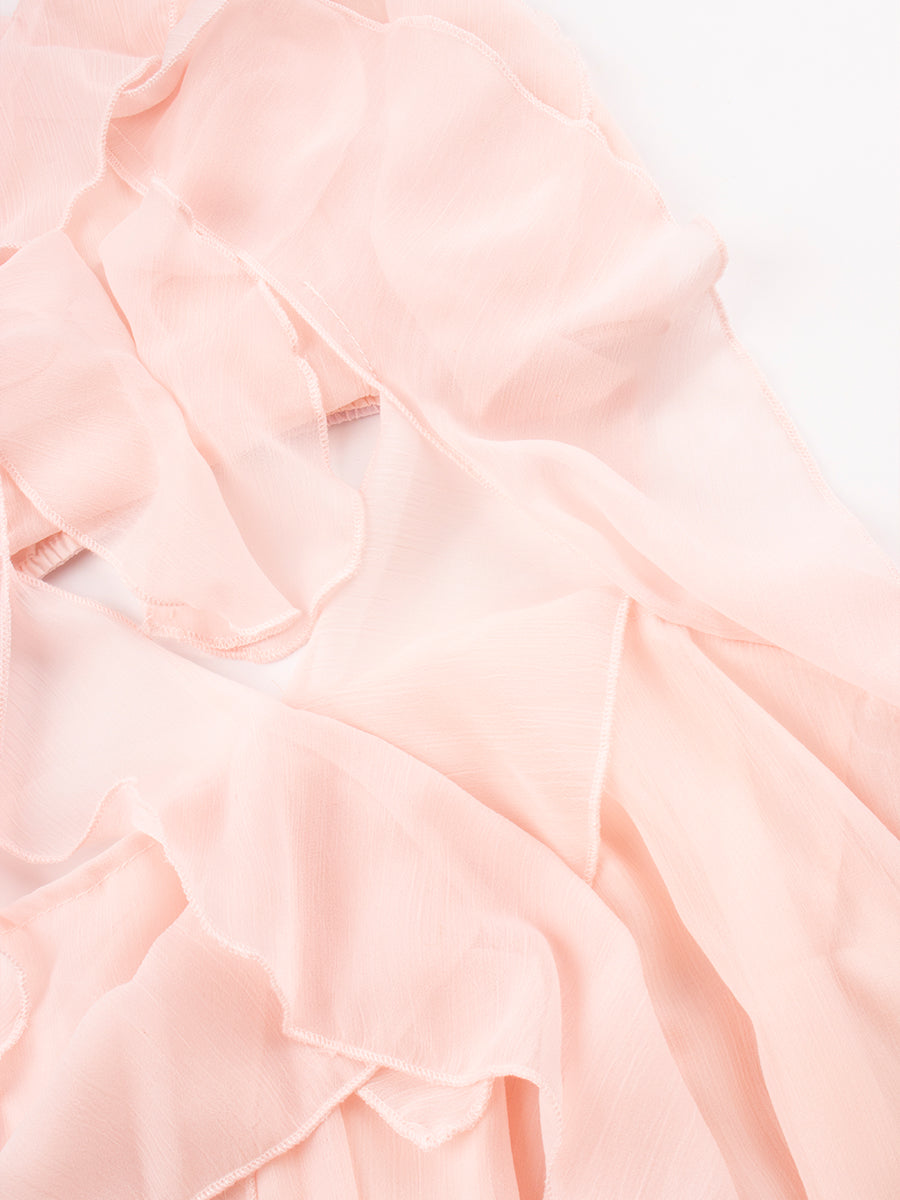 Solid Color Pink Ruffle Flutter Irregular Long Dress