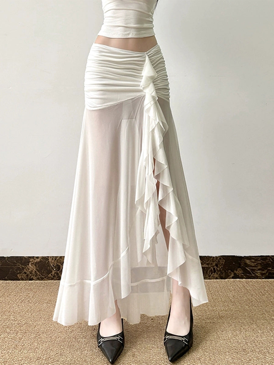 Irregular Ruffle Flutter Mesh Midi Skirt