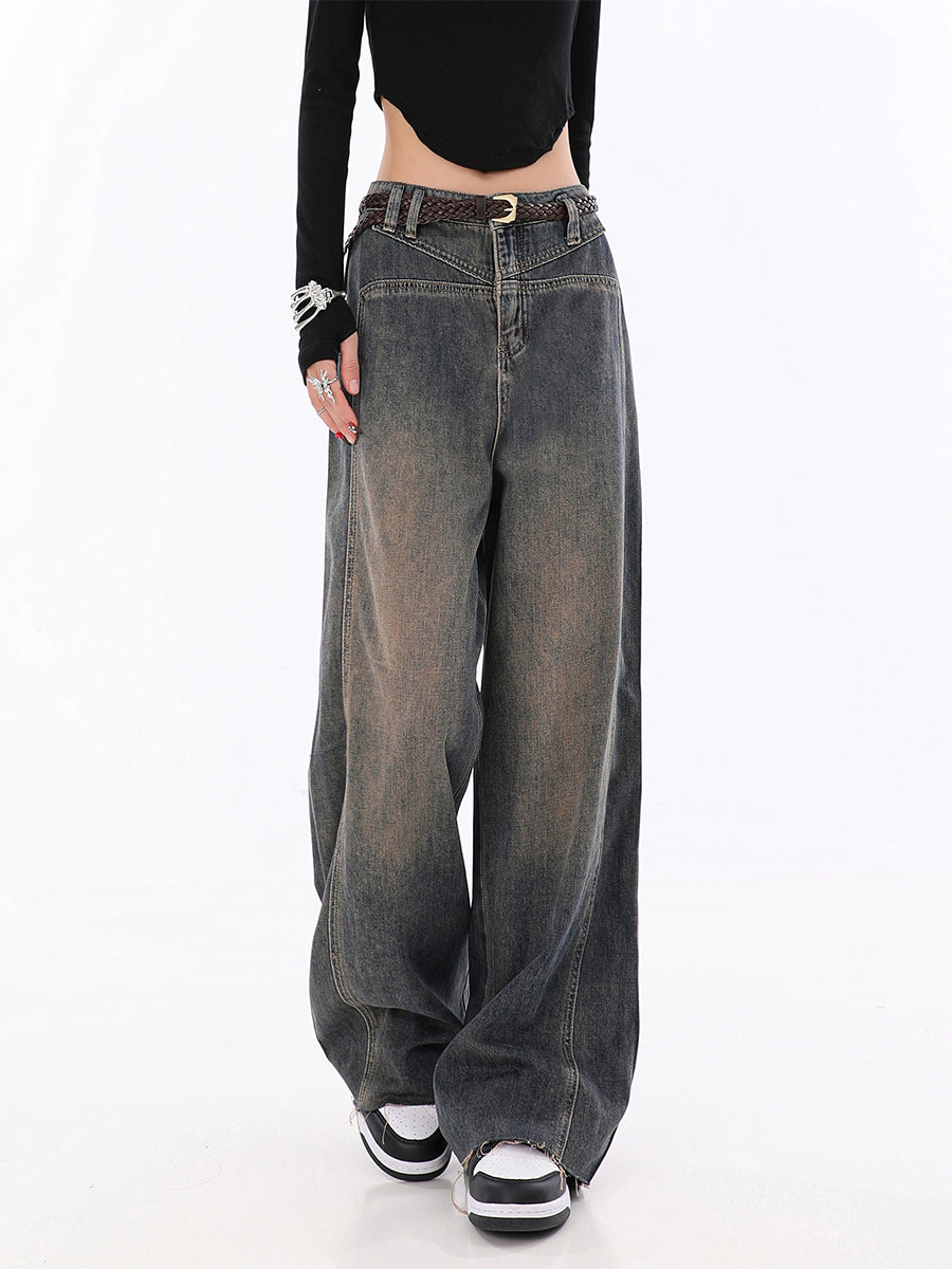 Vintage Relaxed Fit Grey Raw Edge Hem Denim Jeans