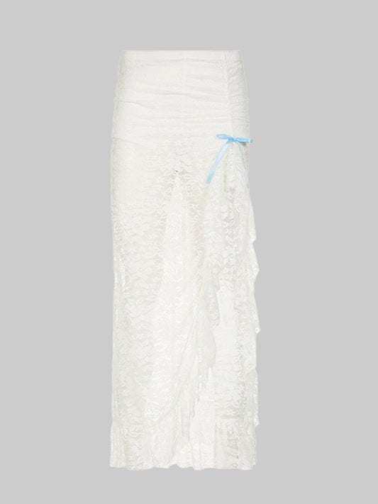 Irregular Lace Hem Split Midi Skirt