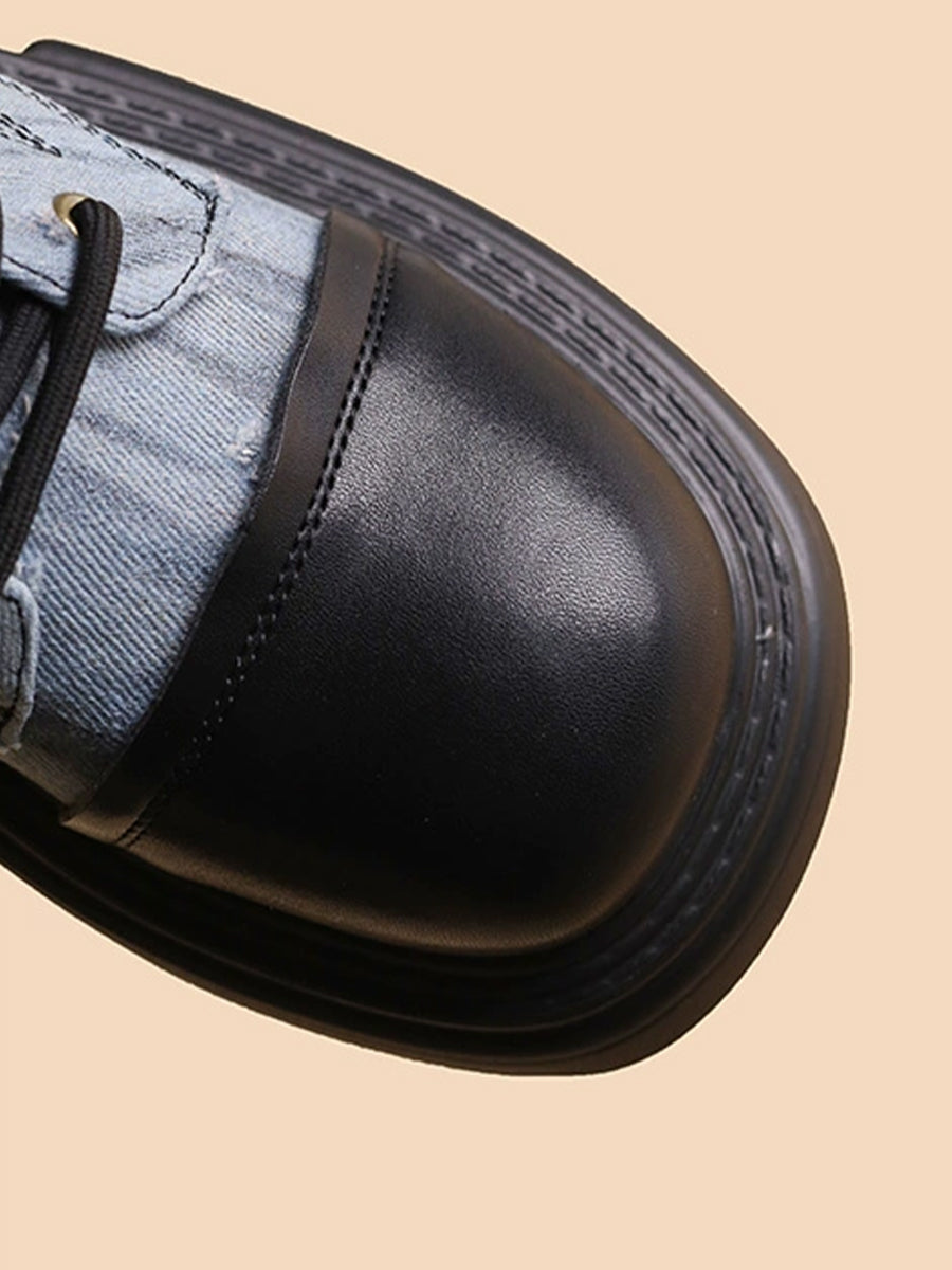 Women's Western Vintage Ribbed Patchwork Sock Style Denim Slip Resistant Sole Chunky Heel Ankle Boots