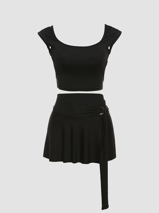 Solid Color Backless Skinny Short Cami Top + Unlined Skirt Two Piece Set