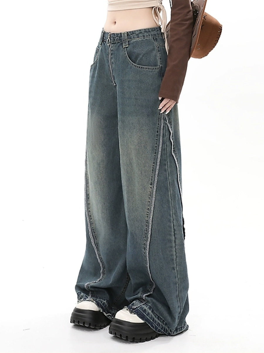 Solid Color Loose Raw Hemmed Long Jeans