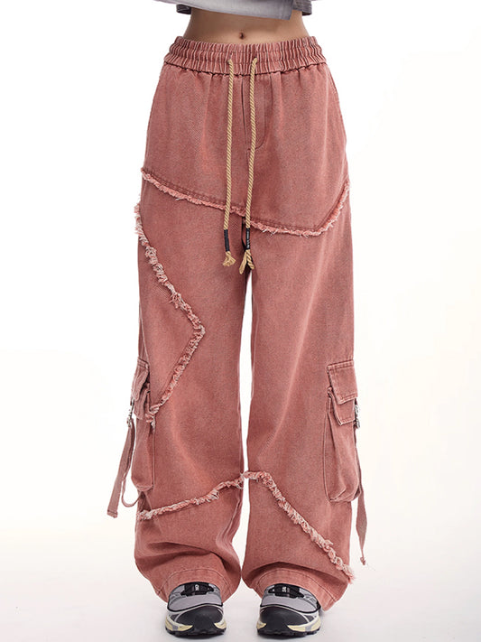 Drawstring Waist Denim Solid Color Star Worn Loose Jeans