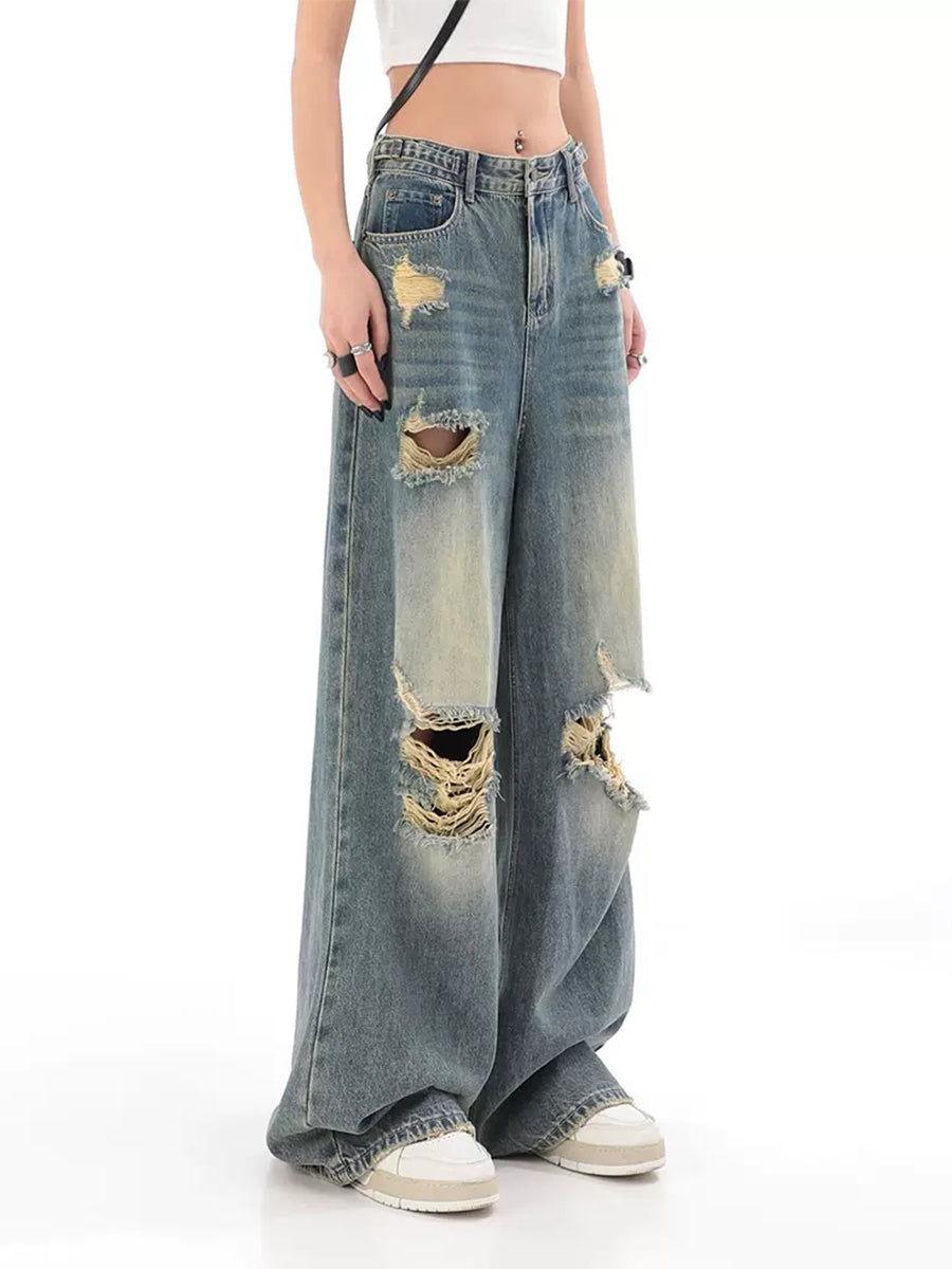 Vintage Ripped Denim Straight Loose Jeans