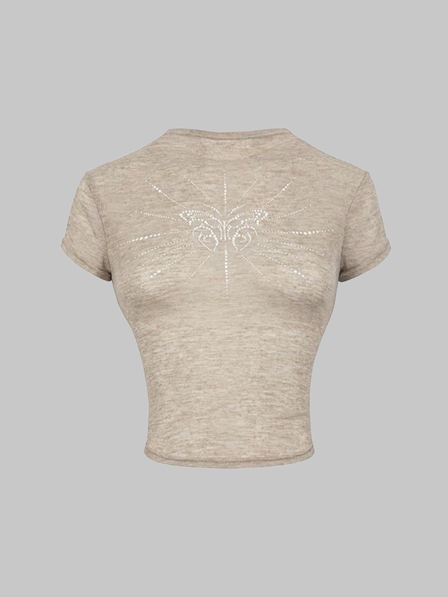 Butterfly Rhinestone Slim Short Sleeve Top