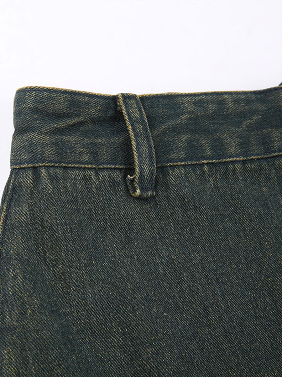 Star Irregular Hem Denim Long Skirt