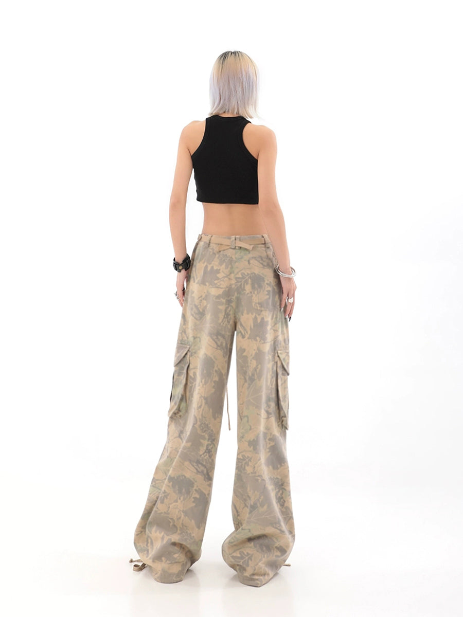 Camouflage Wide-Leg Cargo Drawstring Casual Pants