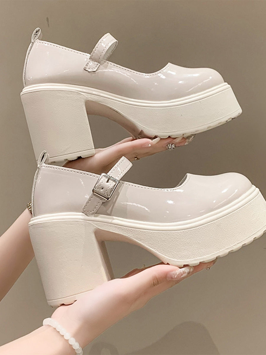 Round Toe Chunky Heeled Ankle Strap Mary Jane Pumps