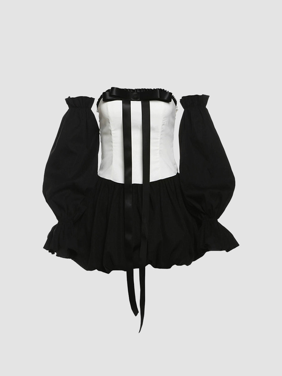 Black and White Patchwork Fluffy Hem Bow Long Sleeve Dress