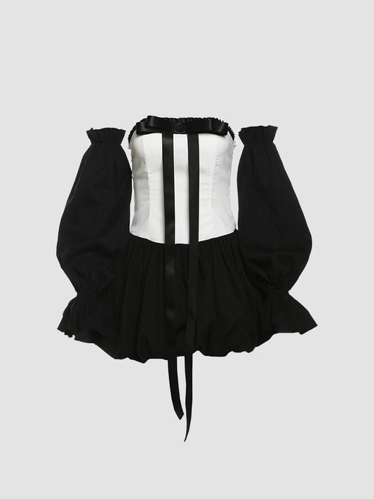 Black and White Patchwork Fluffy Hem Bow Long Sleeve Dress
