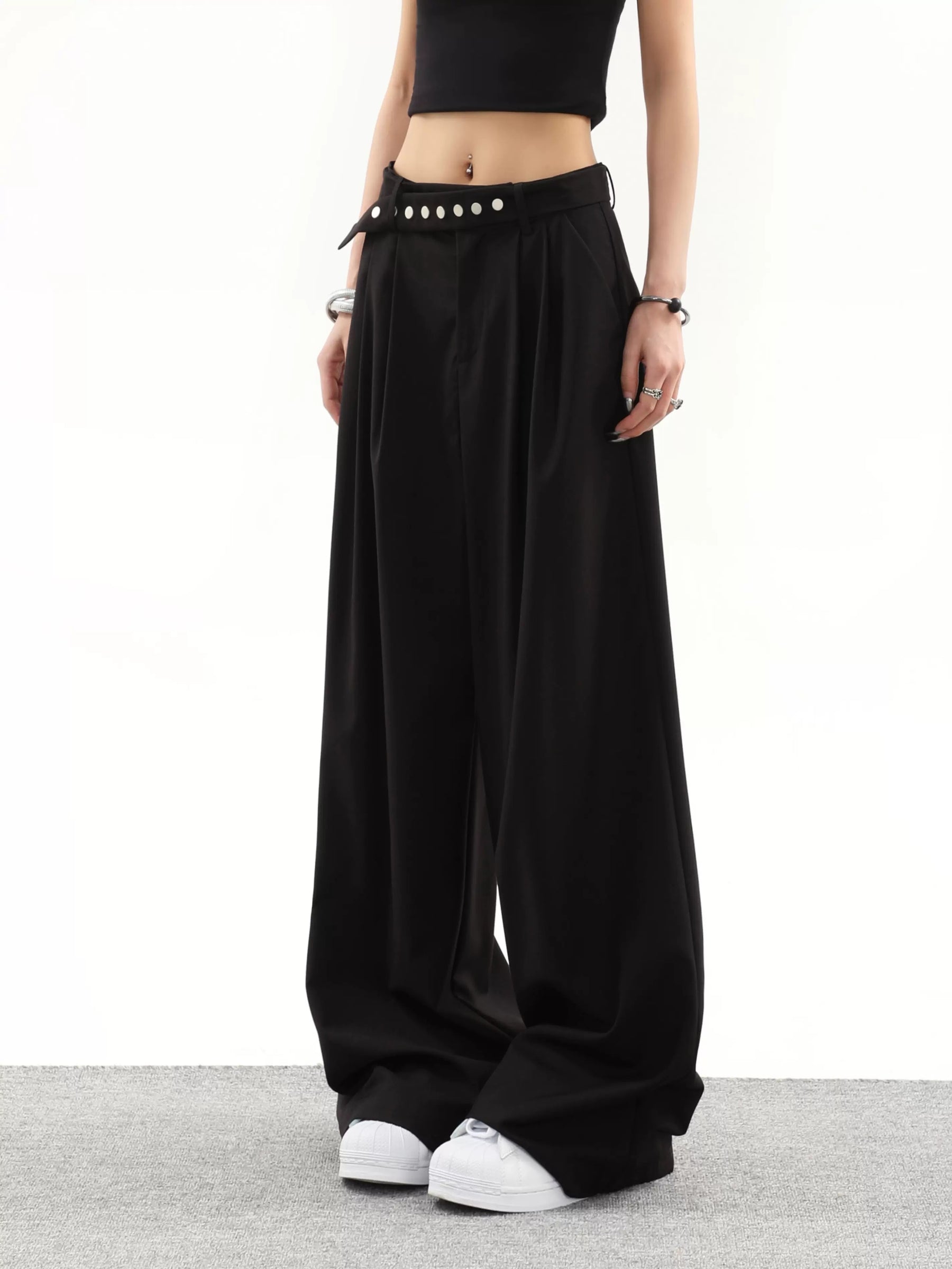 Solid Color Casual Loose High Waist Suit Pants