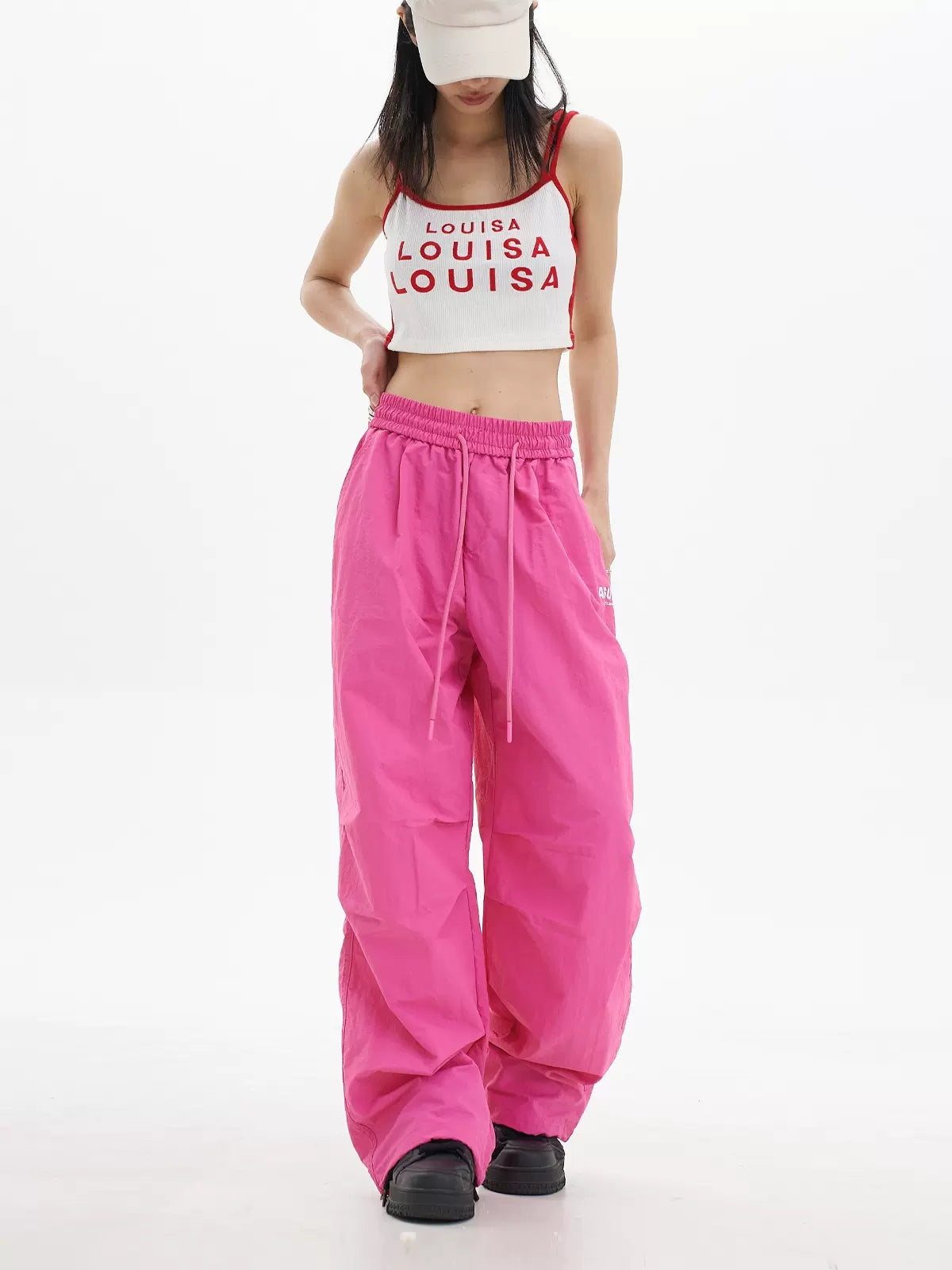 Loose High Waist Elasticized Drawstring Casual Pants Rose Red