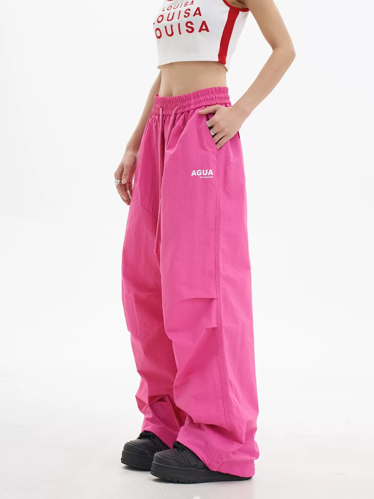 Loose High Waist Elasticized Drawstring Casual Pants Rose Red