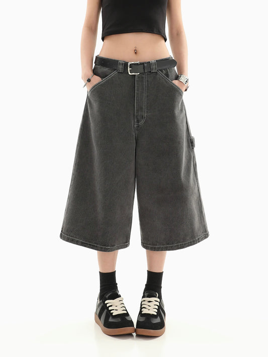 Solid Color Low Rise Loose Fit Short Jeans