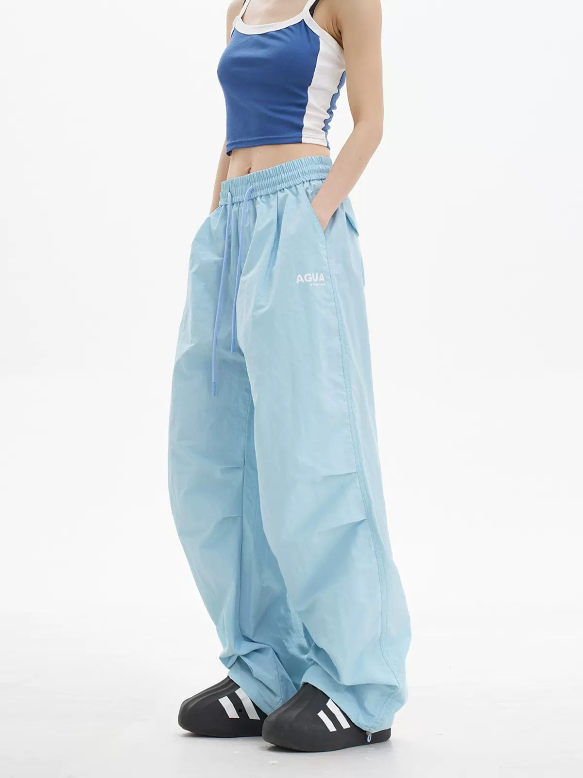 Blue Loose Casual Wide Leg Drawstring Pants